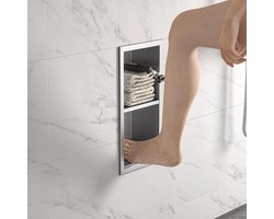 Allecto plus - Douchestafel van 304 roestvrij staal met plank - Geborsteld - Inbouwbadkamer accessoire - Voetensteun - Geen tegels nodig - 31 cm x 12 cm