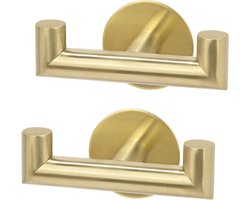 Allecto plus - Dubbele handdoekhaak voor badkamer van geborsteld messing - Zelfklevende kapstokhaken - Deurhanger van roestvrij staal - Goud - Geen boor - Badkamer en hotel accessoire