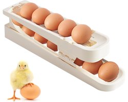 Allecto Plus - Eierhouder voor Koelkast - Opvouwbaar - Automatische Eierhouder voor Koelkast - Ruimtebesparend - 2 Niveaus Eierhouder voor 12-14 Eieren (Wit)
