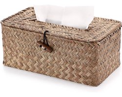 Allecto plus - Geweven zeegras cosmeticadoos voor badkamer en woonkamer in koffiekleur met rotan details - Handig voor opslag en decoratie