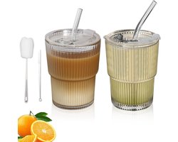 Allecto Plus - Glazen bekers met deksel en rietje 2 stuks - Koffiemokken - Reismok - Smoothiebeker - Geribbelde glazen beker - Luchtdicht waterdicht ontwerp voor thee melk ijskoffie - 400 ml