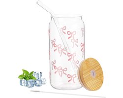 Allecto Plus - Glazen drinkbeker met rietje 500 ml - Herbruikbaar - Cocktailglazen met bow-decoratie - Groot formaat - Voor bier, melk, water, sap, koffie.
