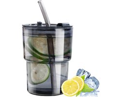 Allecto Plus - Glazen drinkbekers met deksels en rietjes voor ijskoffie - set van 2 - lekvrije waterglazen - ideaal als verjaardagscadeau voor mannen en vrouwen - dubbelwandig geïsoleerd - grijs - 400 ml.