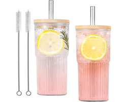 Allecto Plus - Glazen drinkglazen 650 ml met deksel en rietje - Set van 2 - Grote capaciteit - Mason Jar stijl