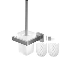 Allecto plus - Glazen toiletborstel met mat gesatineerd glas | Wandmontage wc-borstels inclusief 2 reserveborstels | Badkameraccessoire met lange steel | Roestvrij stalen houder | Afneembaar | Toilethouder