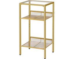 Allecto plus - Gouden bijzettafel met gehard glazen blad en rooster - 3-laags nachtkastje voor woon- en slaapkamer.