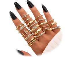 Allecto Plus - Gouden Knokkelringenset Vrouwen - Stijlvol Trendy - 20 Stuks - Stapelbare Vingerringen - Maat Large - Duim Enkel - Goudkleurig - Sieraden Pakket - Modieus Accessoire