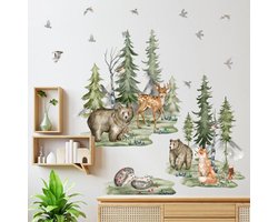 Allecto plus - Grote bosdieren muurstickers beer vos hert berg bos dennenboom - Kinderkamer decoratie voor kinderen - Slaapkamer en klaslokaal muur decor
