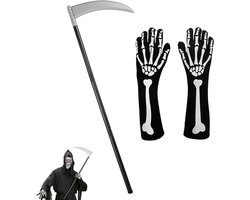 Allecto Plus - Halloween accessoires Magere Hein Sense 92.5 cm Skelet Handschoenen Schedel Klauw Spook Bot.