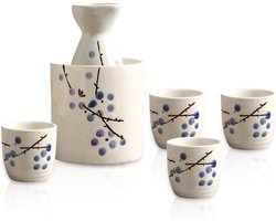 Allecto Plus - Handbeschilderde Japanse Sake Set met Kersenbloesempatroon - 5-delig - Traditionele mokken en glazen - Geschenkset ambachtelijke wijn - Ideaal voor warme wijn - Pruimendiagram.
