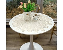 Allecto Plus - Handgemaakt gehaakt ronde katoenen tafeloverlay 60 x 60 cm beige - Tafelkleed hoes voor tafel bank - Decoratie kussen - Ronde kleedje met kanten details