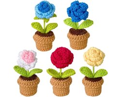Allecto Plus - Handgemaakte bloemen van wollen garen - 5 stuks - Decoratie voor thuis, kantoor en auto - Gehaakte bloemen in pot - Kunstbloem met rozen - Ambachtelijke decoraties