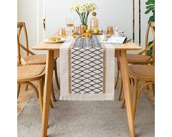 Allecto plus - Handgeweven Macrame Tafelloper in Crème en Beige voor Boho Stijl Eettafel met Kwastjes van Katoen en Jute - Rustieke Boerderij Look - Bohemien Keukenaccessoire