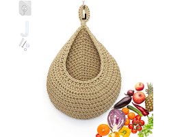 Allecto Plus - Hangende handgeweven fruitmand van katoenen touw met haken - Wandmand organizer voor fruit en groenten - Opbergmand voor aan de wand (bruin)