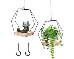 Allecto Plus - Hangende plantenhangers voor binnen met houten sokkel - Set van 2 - Zwart - Geschikt voor kamerplanten - Decoratieve metalen bloemenhanger
