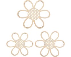 Allecto Plus - Houten bloemen wanddecoratie met geometrische ornamenten voor kinderkamer en babykamer - Boho yoga natuurlijk hout kunst - Set van 3 stuks