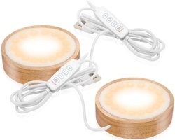 Allecto Plus - Houten led-sokkel (2 stuks) - Ronde lichtsokkel - 3 kleuren instelbaar - Verlichte sokkel met schakelaar - Geschikt voor kristallen bollen, sieraden, acryl en hars - Diameter 10 cm