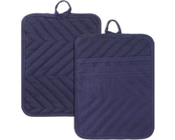 Allecto Plus - Katoenen pannenlappen met zak - Hittebestendig - Set van 2 - 17 x 22 cm - Blauw - Keuken en bakken - Onderzetters - Ovenwanten.