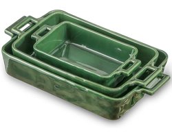 Allecto plus - Keramische bakvormen Set Rechthoekige Bakschaal Lasagne Pannen Ovenschotel, 3 stuks Cadeau voor Koken Banket Dagelijks Gebruik, 15 x 8,5 Inch Groen