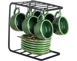 Allecto plus - Keramische Espresso Koffiekopjes Set - 4oz - Porselein - Schotel Lepels - Metalen Stand - Thee Cafe Cappuccino Latte - Set van 6 - Groen.