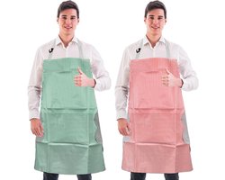 Allecto Plus - Keukenschort voor barbecues - Waterdicht schort met handige veegzakken - Verstelbaar en lang model - Voor mannen en vrouwen - Set van 2 (rood en groen) - Eén maat