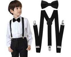 Allecto Plus - Kinderbretels met vlinderdas en riem - Verstelbare Y-bandjes - Zwart - Kinderaccessoires met elastische bandjes - Bretels voor kinderen - Vlinderdasset - Authentieke look - Duurzaam materiaal