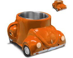 Allecto plus - Koffiemok in kever vorm 300 ml retro auto koffiebeker van keramiek met schoteltje - Keramische koffiemok voor warme en koude dranken - Grappig cadeau voor autoliefhebbers - Oranje - Koffiekopje met sportwagen design