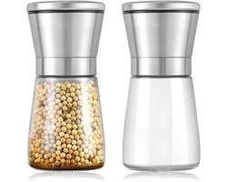 Allecto plus - Kruidenmolens set van 2 met instelbare keramische molen - Zout en pepermolen voor peper, zout, specerijen - Pepermolen klein glas 180 ml