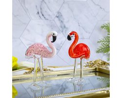 Allecto plus - Kunst glas flamingo's ornament sculptuur voor huisdecoratie - Set van 2 - Handgeblazen dier beeldjes - Valentijnsdag cadeaus - Rood en roze - Ca. 75 characters