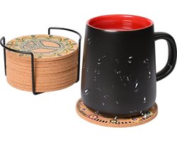 Allecto plus - Kurk onderzetters set van 12 stuks met patroon, hittebestendig, voor salontafel en mokken - 9,9 cm rond met houder
