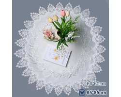Allecto Plus - Linnen ronde tafelkleed 85x85 cm - Wit tafelkleed met kanten rand - Salontafel topper - Tafeldecoratie voor eetkamer en keuken