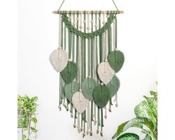 Allecto Plus - Macramé Muur Opknoping Blad Geweven Tapijt Boheems Chic Woondecoratie - Groen - Handgemaakt Moderne Bladeren Veer Muurkunst Decoraties - Voor Slaapkamer Woonkamer Appartement - Stijlvol Ornament met Boho uitstraling
