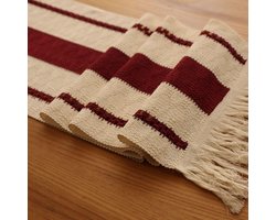Allecto plus - Macrame Tafelloper in boerderijstijl met kwastjes, kerstdecoratie voor eettafel (30 x 200 cm) - Rood streeppatroon