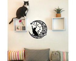 Allecto Plus - Metalen muurkunst decor maan kat zwarte silhouet muurkunst voor woninginrichting - Slaapkamer, Woonkamer, Badkamer - Wanddecoratie 300x1mm