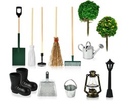 Allecto Plus - Mini-tuinaccessoires set met kabouter thema - 11-delige kabouter tuinset - Groene tuinmeubelen poppenhuis accessoires - Kabouter laarzen - Tuin kabouteraccessoires voor miniatuur tuin - 13 stuks.