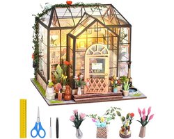 Allecto plus - Miniatuurhuis bouwpakket met LED verlichting en meubels - Doe-het-zelf huis maken - Tuinkas - Gereedschap incl.