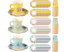 Allecto Plus - Multicolor Thee servies set met 120 stuks servies voor Thee Feest voor Meisjes - Papieren Theekopjes met Handvat en Kant Bericht - Bloemen Decoratie voor Thee Feest