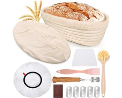 Allecto plus - Ovaal Brood Rijsmandje 28 cm - Natuurlijk Rotan Broodmandje Set - Deegschraper, Bakkersmes, Borstel - ideaal voor beginners - 700g deeg - Met Afdekhoezen, Linnen Inzetstuk.