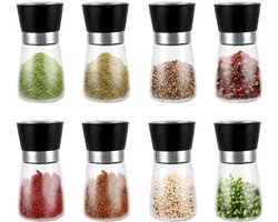 Allecto plus - Pepermolen set van 8 stuks, met instelbare zoutmolen, keramisch maalwerk, zwarte glazen pepermolens - ideaal voor peper, chili, zout en specerijen