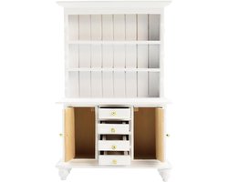 Allecto Plus - Poppenhuis kast 1:12 simulatie | Meubels poppenhuis | 3 lagen vitrinekast | Houten poppenhuis meubels | Wit | Accessoires en boekenkast | Buffet en keuken dressoir.