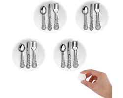 Allecto Plus - Poppenhuis Keuken Accessoires Set - 4 Stuks - Mini Borden en Servies - Decoratie voor Pretend Play - 1:12 Schaal - 8 Stuks Mini Metalen en Porselein - Miniatuur Keuken Items