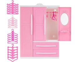 Allecto plus - Poppenkast Meubels Garderobe Kast met Hangers voor Poppenhuis - Roze - 40 Stuks - Accessoires Gift