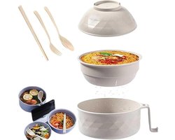Allecto Plus - Ramen-kommenset met deksel en bestek - Japanse serviesset voor ramen - Magnetronbestendig - Compleet met lepel, vork en eetstokjes - Thuis en cadeau-ideeën - Beige - Kwalitatieve serviesset