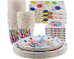 Allecto Plus - Regenboog verjaardagsfeestje servies set - 153 stuks - Inclusief 60 papieren borden, 30 kopjes, 60 servetten, 3 feesttafelkleden - Benodigdheden en decoraties voor verjaardagsfeestjes.