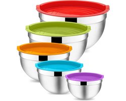 Allecto plus - Roestvrijstalen slakommenset voor bakken en koken - Met luchtdicht deksel - Stapelbaar - Vaatwasmachinebestendig - Kleurrijk - 5-delige set