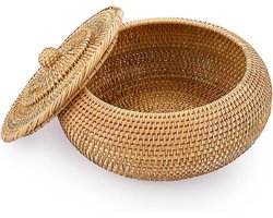 Allecto Plus - Rotan opbergmand met deksel voor keukenfruit en brood - Decoratieve geweven mand voor plank en desktop - Eierhouder kom - Groot model