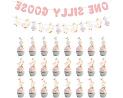Allecto plus - Roze Gans 1e Verjaardag Banner Decoratie voor Babyshower - Schattige Muur Garland met Silly Goose Thema - Foto Achtergrond