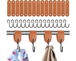 Allecto Plus - S-haken Set van 15 stuks met leren lus in bruin | Multifunctionele garderobe haken voor kledingkast keuken camping
