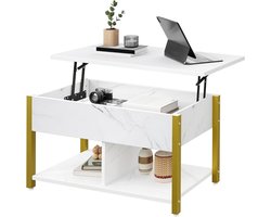 Allecto Plus - Salontafel met lifttop en opslag - Verstelbare hoogte - Verborgen opbergvak - Wit marmer - Woonkamer kantoor - Ruime opbergplank