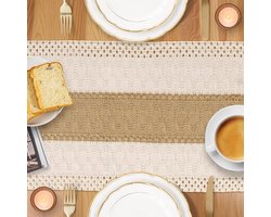 Allecto plus - Salontafelloper Boho met kwastjes 180 x 30 cm - Geweven kaasdoek - Bohemian stijl - Eettafeldecoratie - Bruiloftsfeesten - Koffiebruin 180 x 30 cm.